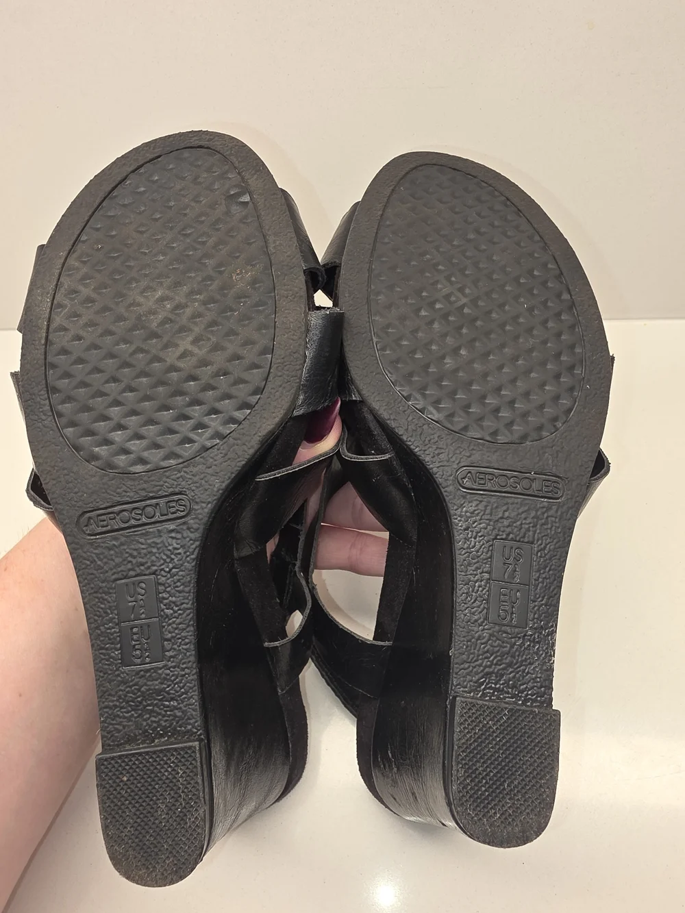 AEROSOLES Black Strappy Leather Wedge Sandals - Women